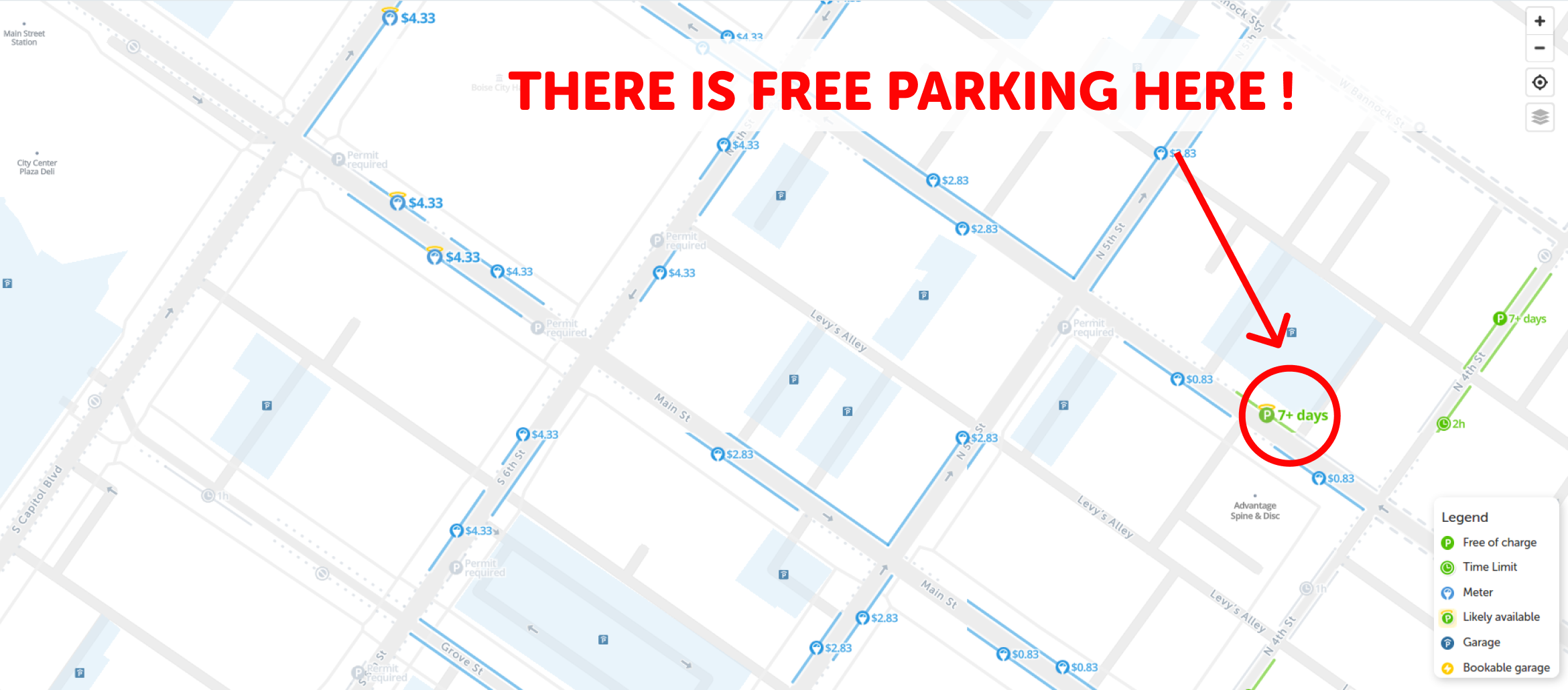 map of free parking in Boise City - SpotAngels